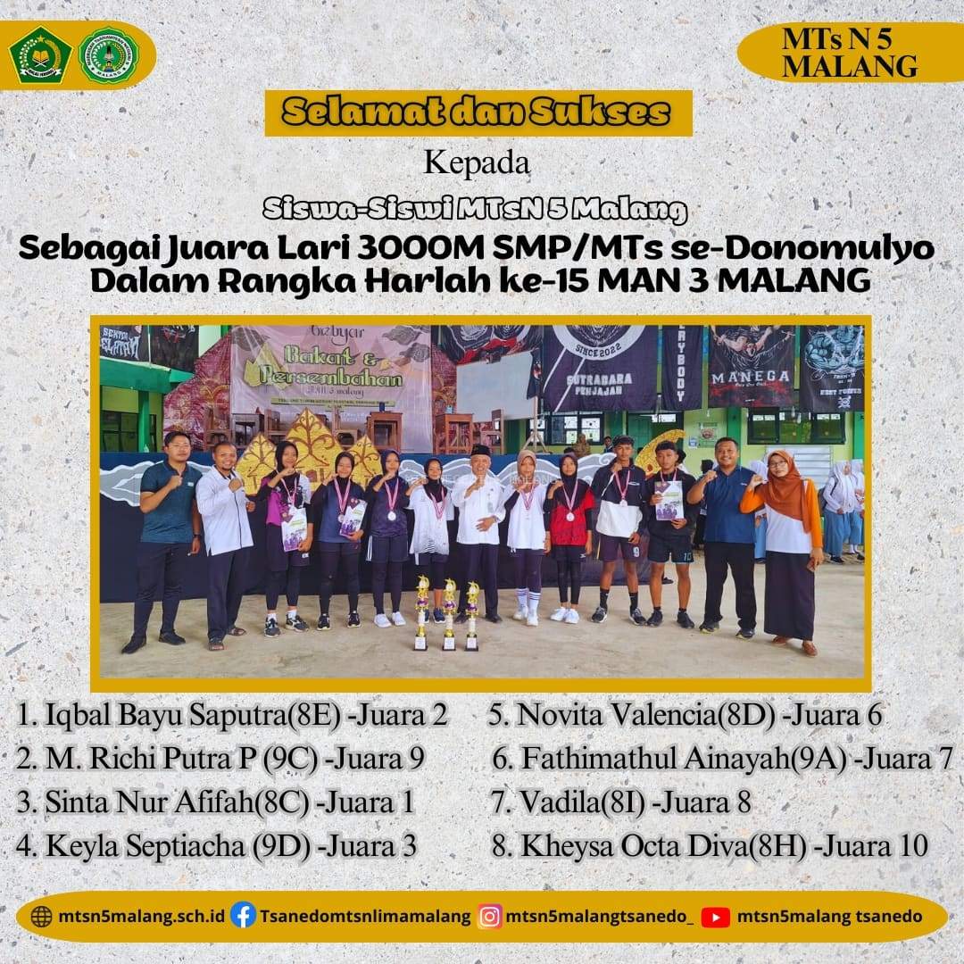 Kontingen MTsN 5 Malang Borong Juara pada Event Lomba Lari 3000 M di MAN 3 Malang